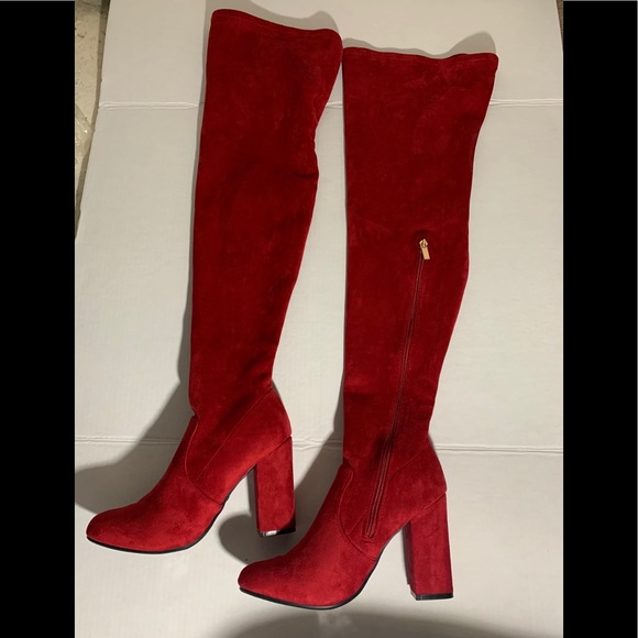 NEW CHERRY RED FAUX SUEDE THIGH HIGH BOOTS - Picture 9 of 10
